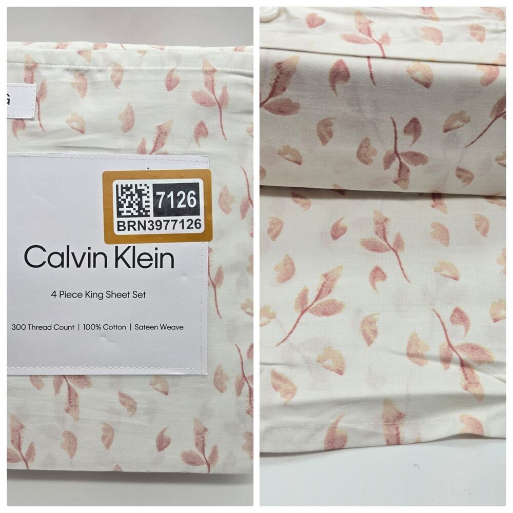 Calvin Klein KING Sheet Set NEW Pastel Beige Pink COTTON 300 THREAD COTTAGECORE